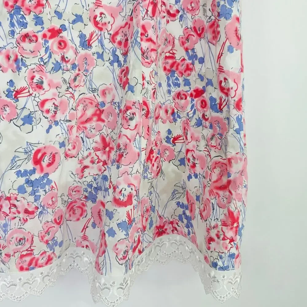 Floral A-Line Skirt Medium White Pink Blue Lace Trim Cottagecore Coquette Girly